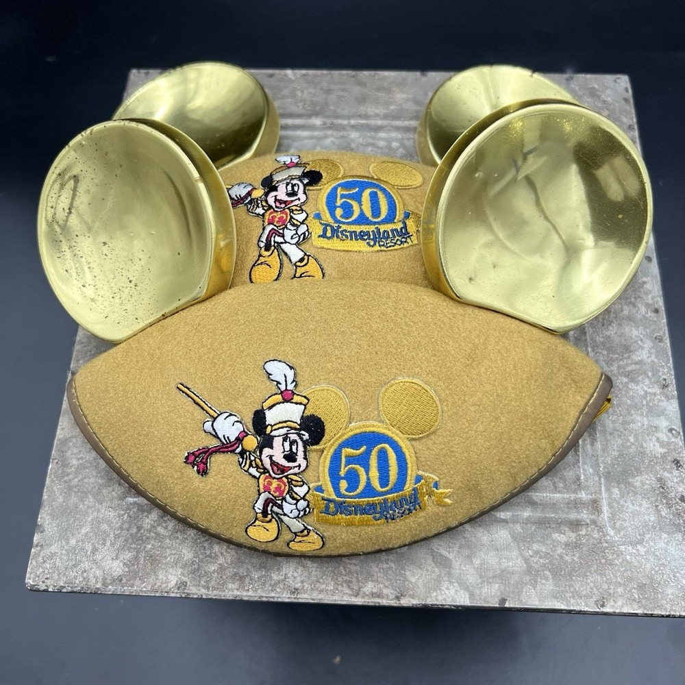 Disney Gold Mickey Mouse Ear Hat Disneyland 50th Anniversary 2005 Lot of 2